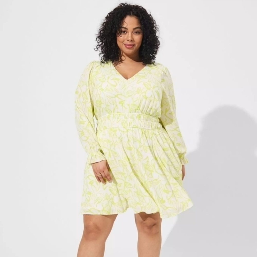 Torrid Mini Wash Gauze‎ Wide Waist Skater Dress Size 1X Floral Yellow Green Lime